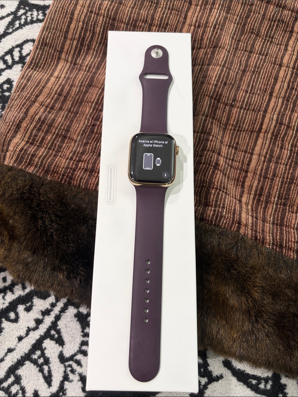 Apple Watch Gold Case with Plum Sport Band